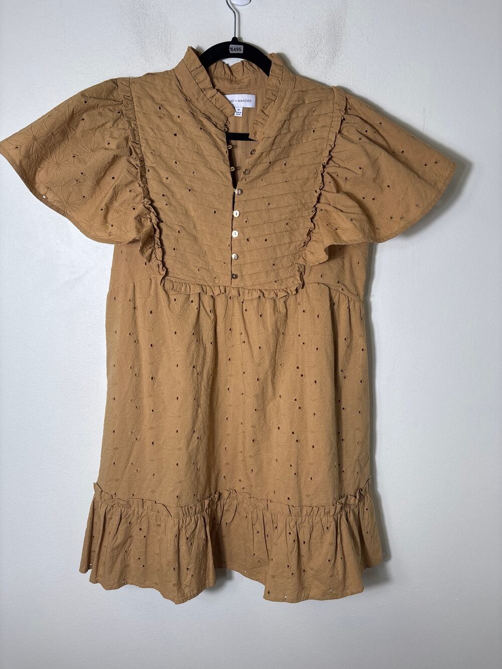 Lost + Wander Light Brown Flutter Sleeve Eyelet Mini Dress Sz M